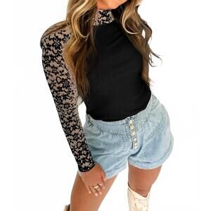NEW SHEWIN floral lace long sleeve top in black